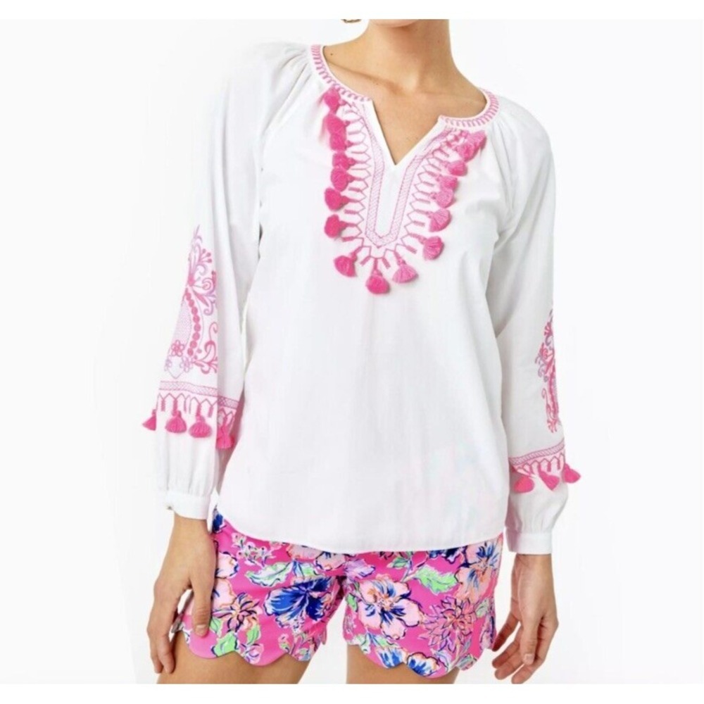 Lilly Pulitzer Kaydence Tunic Top Resort White Pink embroidery Size XXS NWT - Picture 1 of 16